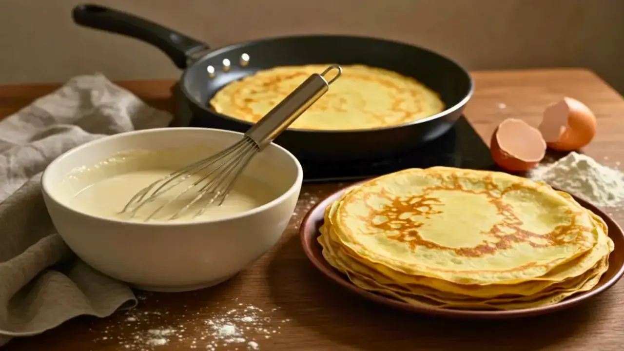 Préparation d'une recette de crêpes : pâte dans un bol, crêpes cuites dans une poêle et empilées, œufs et farine.