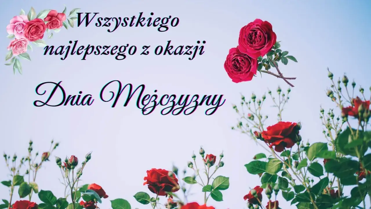 Wszystkiego najlepszego z okazji Dnia Mężczyzny! Bukiet róż na tle błękitnego nieba.