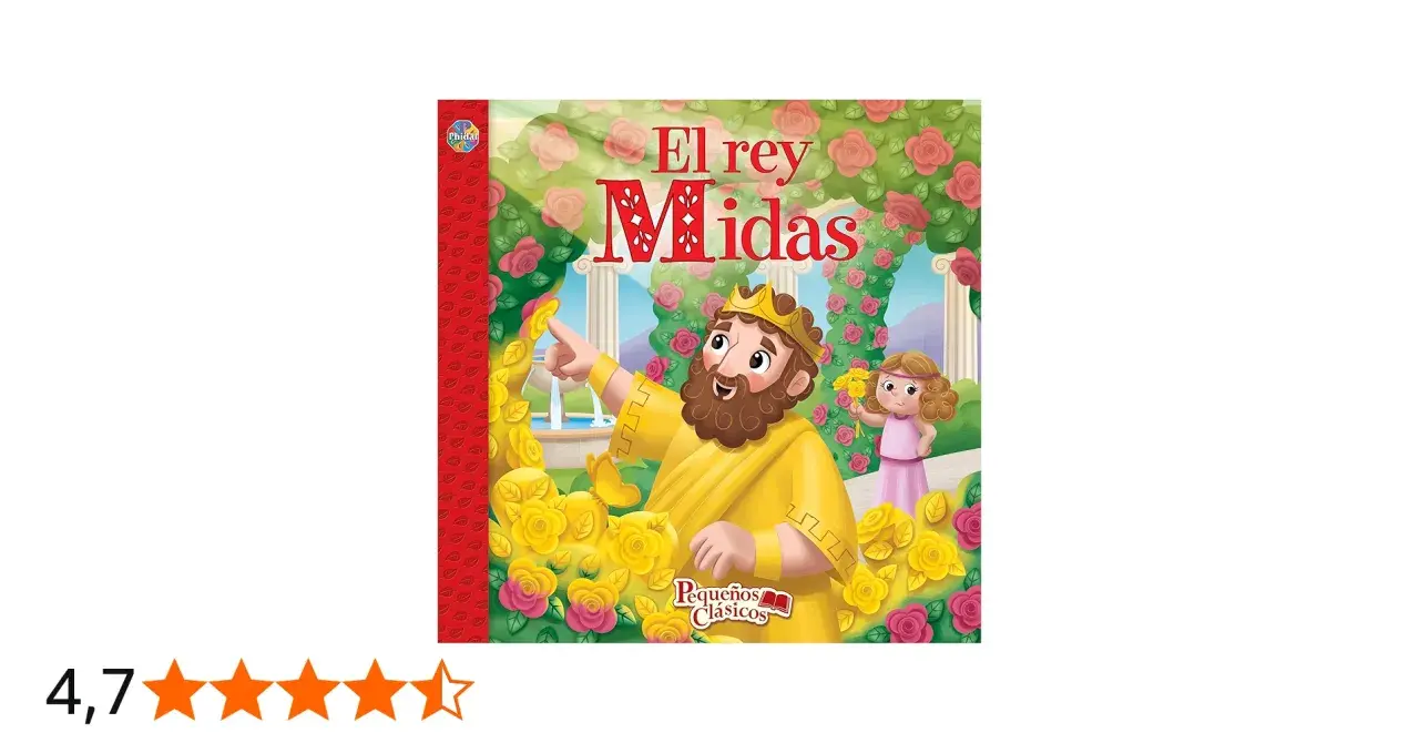 El rey Midas, con su toque dorado, convierte todo en oro. Una niña lo observa, rodeados de rosas y el jardín que él mismo transformó.