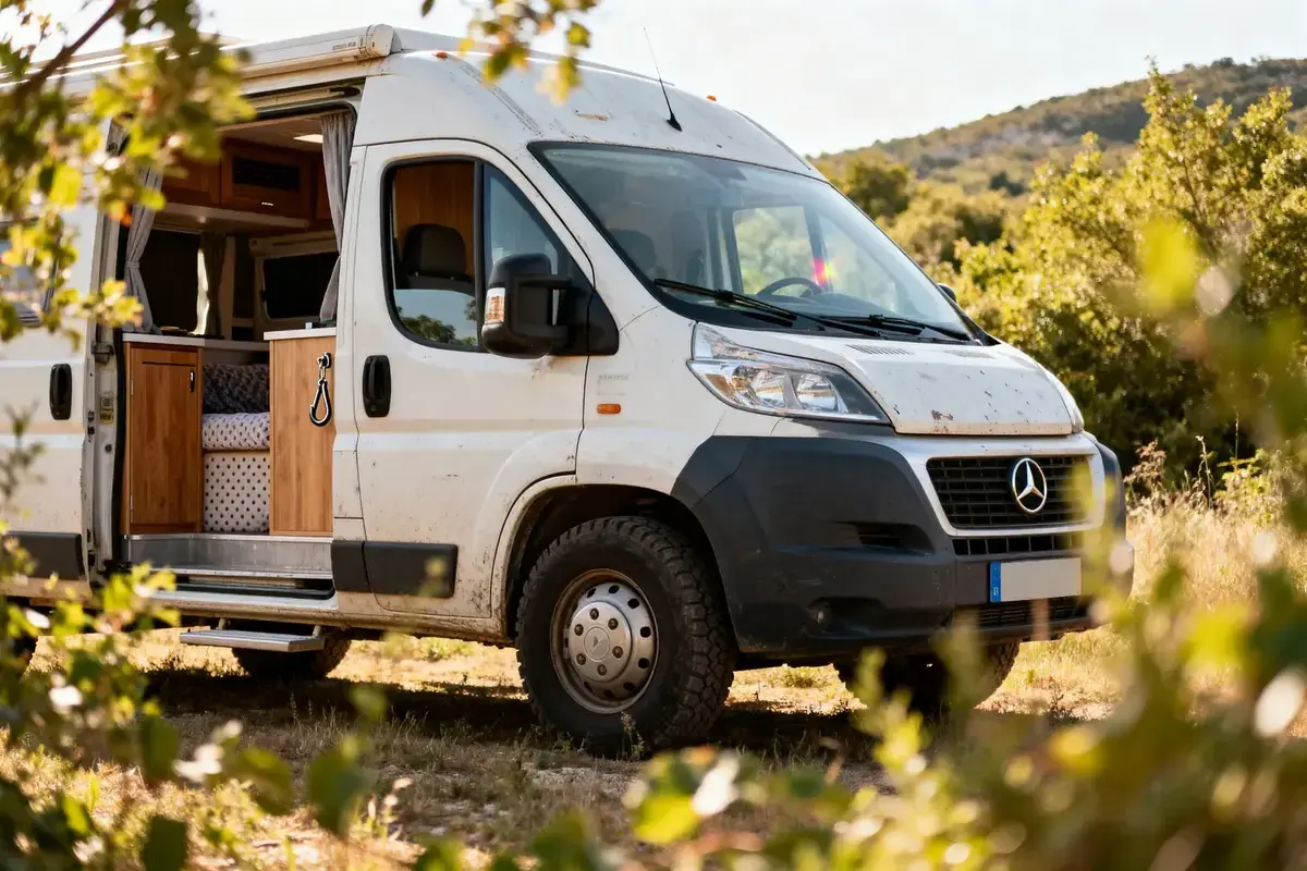 Un camping-car blanc, prêt pour l'aventure, avec sa porte ouverte révélant un intérieur cosy. Ce véhicule de marque camping car est garé en pleine nature.
