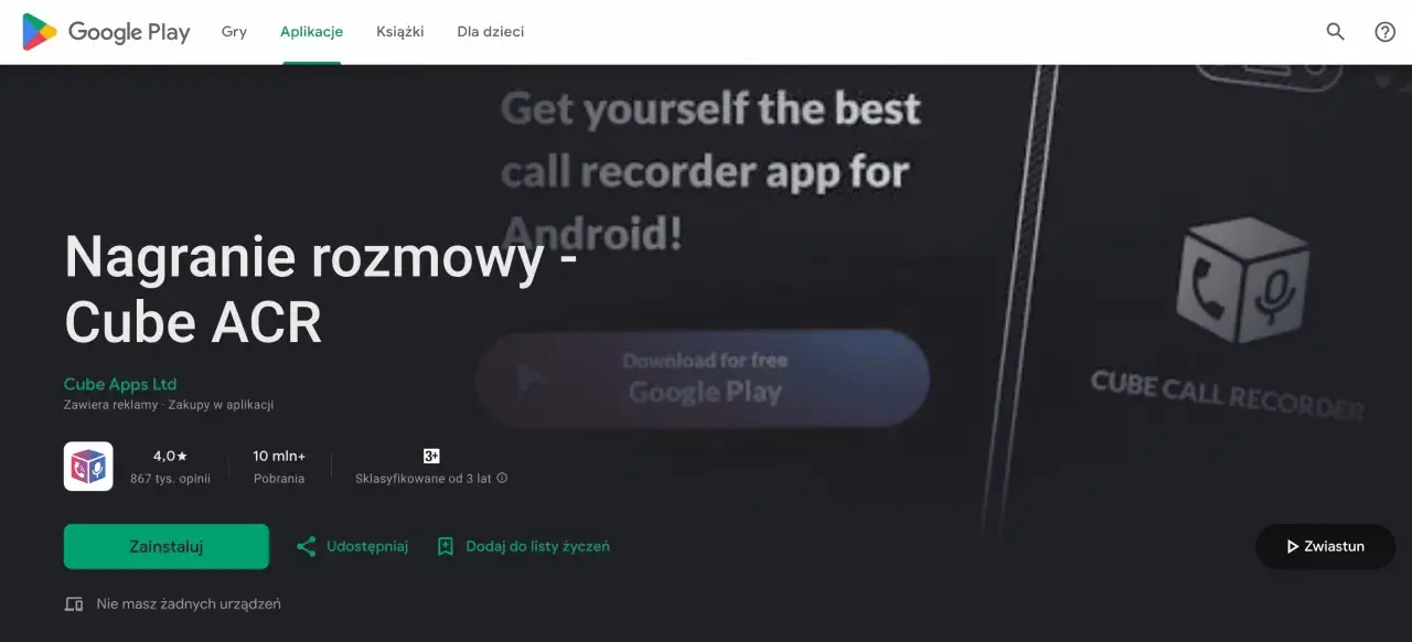 Aplikacja do nagrywania rozmów Cube ACR na Androida. Pobierz ją z Google Play i zacznij nagrywać swoje rozmowy.