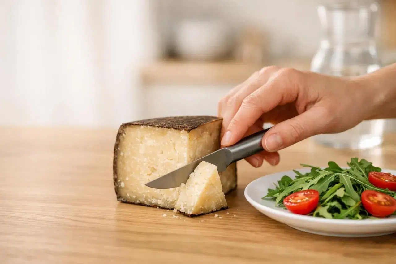 Mano affetta pecorino, pensando alle calorie. Accanto, un'insalata fresca con pomodorini.