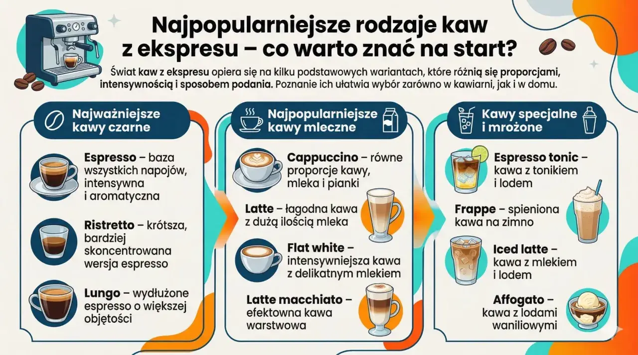 Grafika przedstawia rodzaje kaw z ekspresu. Wśród nich jest latte, kawa z dużą ilością mleka, oraz flat white – intensywniejsza wersja z delikatnym mlekiem.