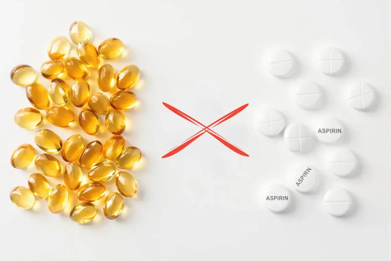 Kapsułki z omega-3 i tabletki z aspiryną, rozdzielone czerwonym krzyżykiem. Unikaj łączenia omega-3 z aspiryną.