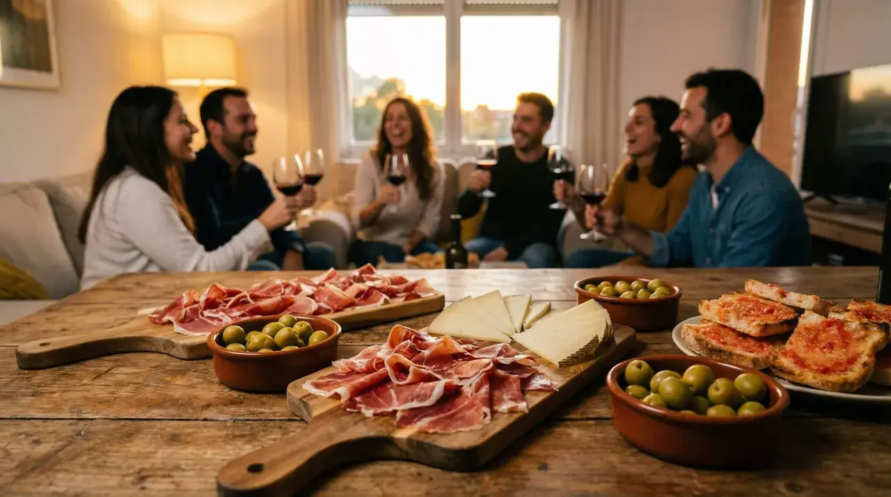 Przyjaciele cieszą się winem i pysznymi tapas: szynką, oliwkami i pieczywem z pomidorami.