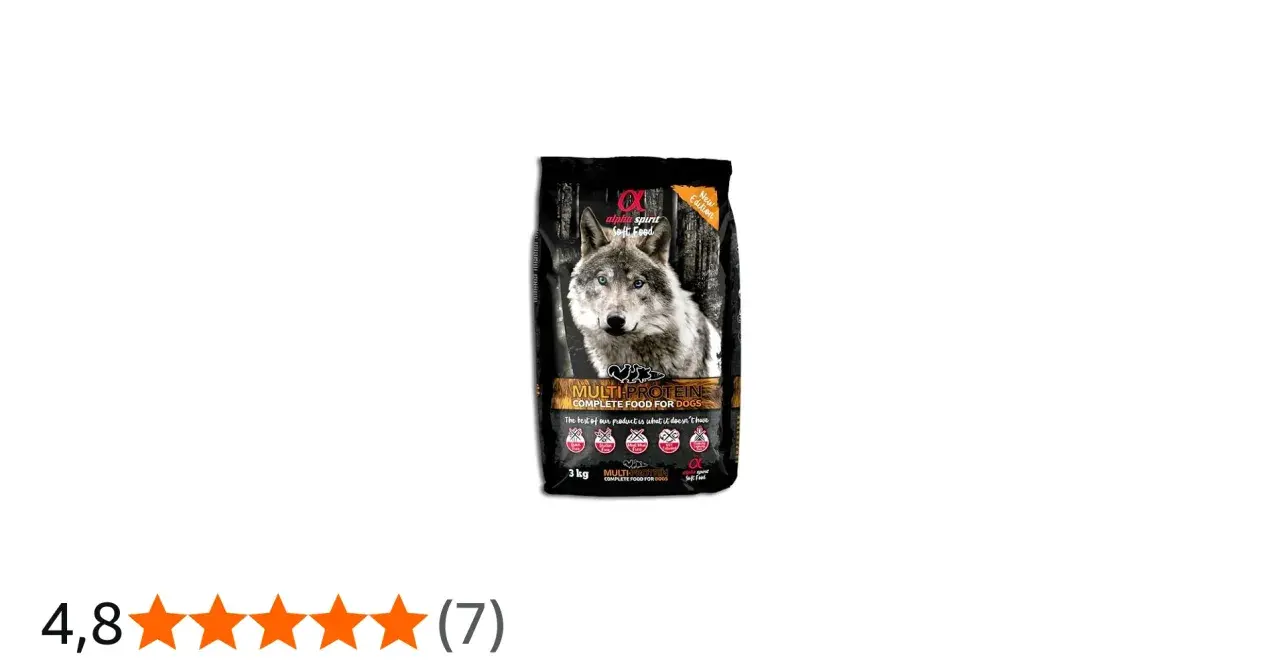 Bolsa de pienso Alpha Spirit Multi-Protein para perros, con imagen de lobo. Ideal para solucionar problemas de alimentación.