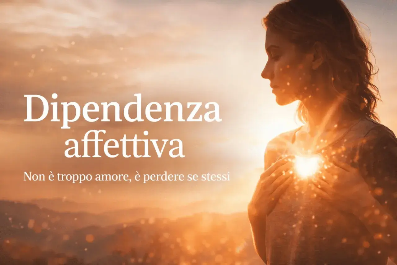 Donna con le mani sul cuore, illuminata da una luce dorata. Testo: "Dipendenza affettiva: non è troppo amore, è perdere se stessi. Come uscirne.