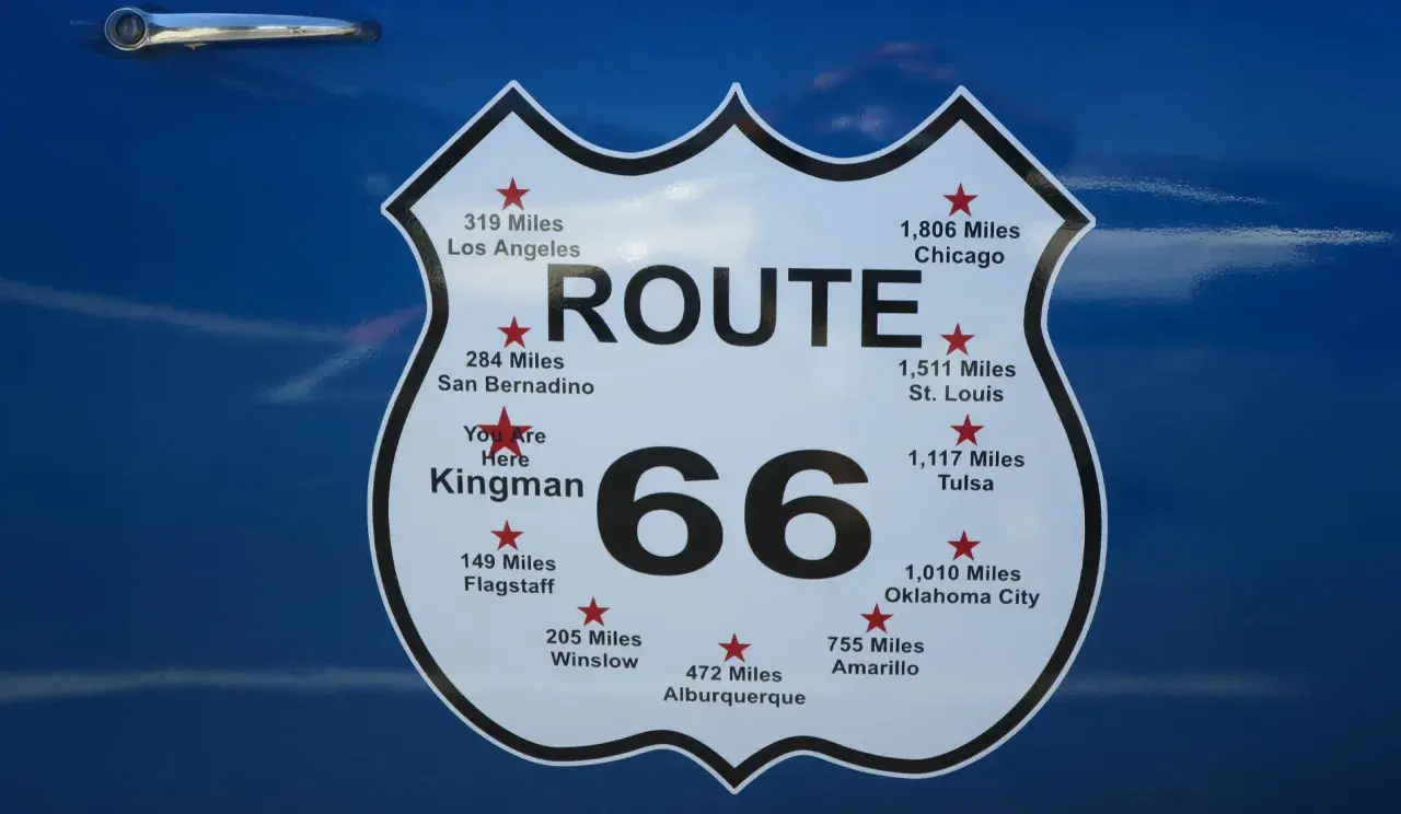 Tablica z napisem "ROUTE 66" i odległościami do miast, np. Chicago, Los Angeles. To symbol legendarnej drogi 66 w USA.