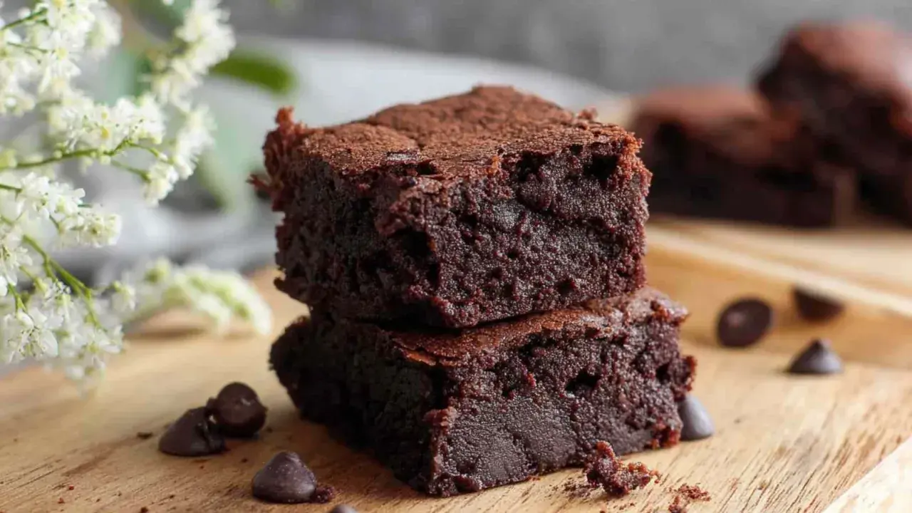 Pyszne, wilgotne brownie z airfryera, posypane kakao, na drewnianej desce z czekoladowymi kroplami i białymi kwiatami.