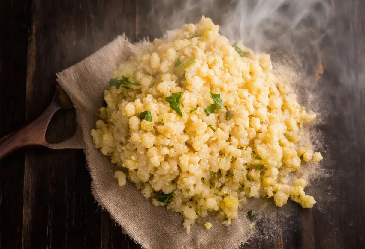 Gorąca kasza bulgur gotowanie na drewnianym stole, parująca i ozdobiona zielonymi ziołami.