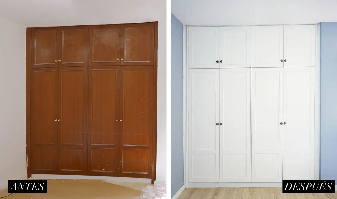Antes y después de restaurar armario empotrado antiguo. El mueble de madera oscura se transforma en un elegante armario blanco, renovando el espacio.