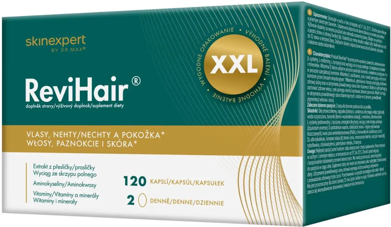 ReviHair XXL - suplement diety na włosy, paznokcie i skórę. Opakowanie 120 kapsułek.