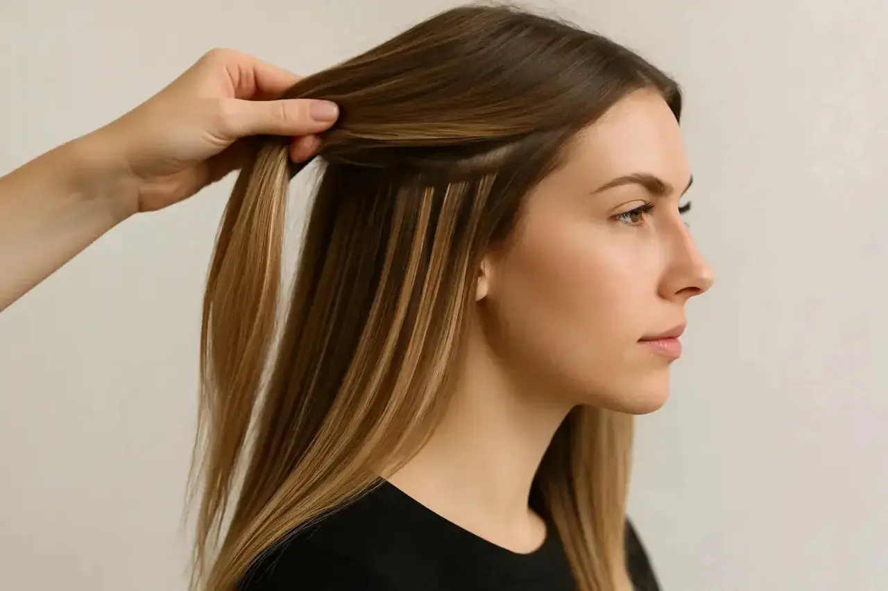 En hand fäster hårförlängningar i en kvinnas hår. De nya, grova stråna blandas med hennes egna för en fylligare look.