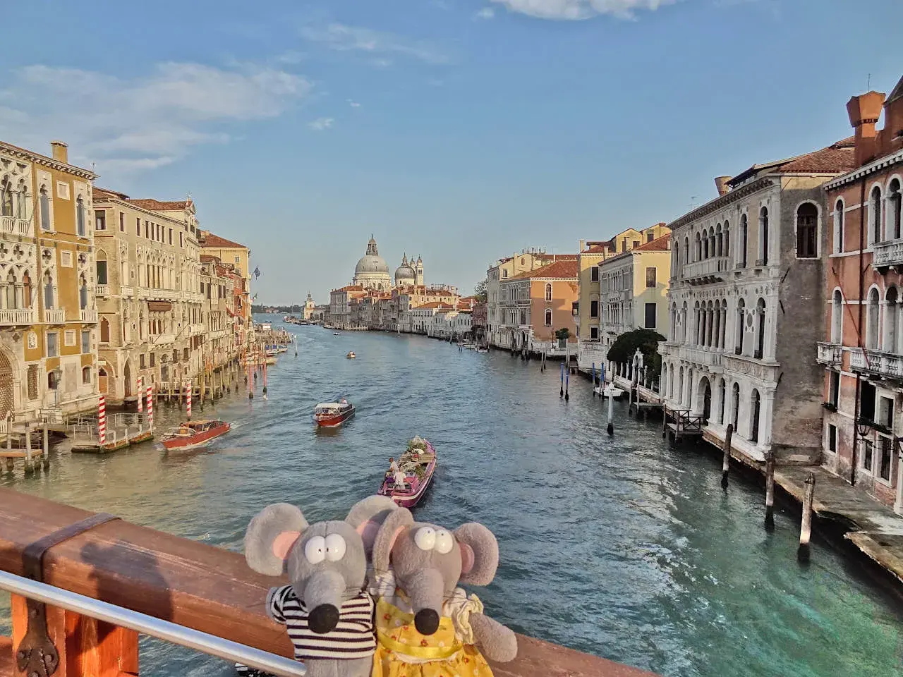 Deux peluches souris regardent le Grand Canal à Venise. Une idée de que faire à Venise : une balade en vaporetto !