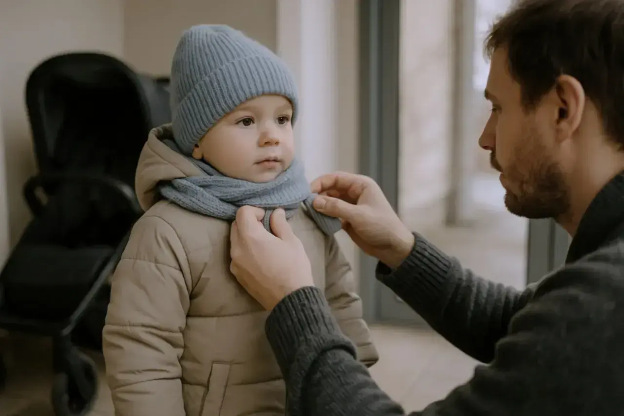 Ojciec ubiera synka na 10 stopni: ciepła kurtka, czapka i szalik to podstawa.