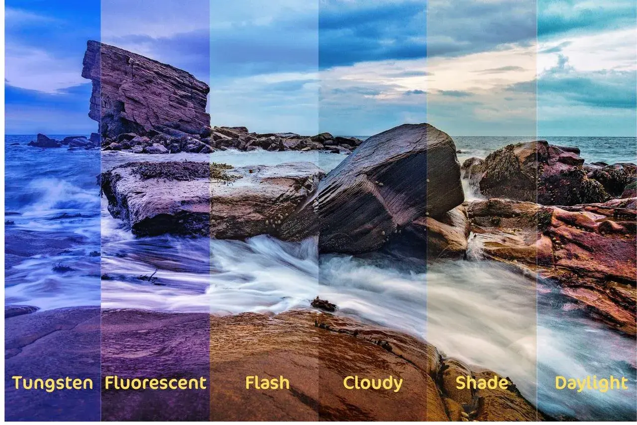 Scogliera e mare con diverse impostazioni di bilanciamento del bianco: Tungsten, Fluorescent, Flash, Cloudy, Shade, Daylight.