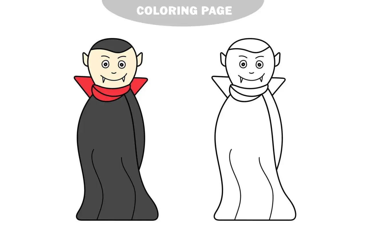 Un simpático vampiro para colorear, con capa y colmillos afilados. ¡Listo para darle vida con tus colores!