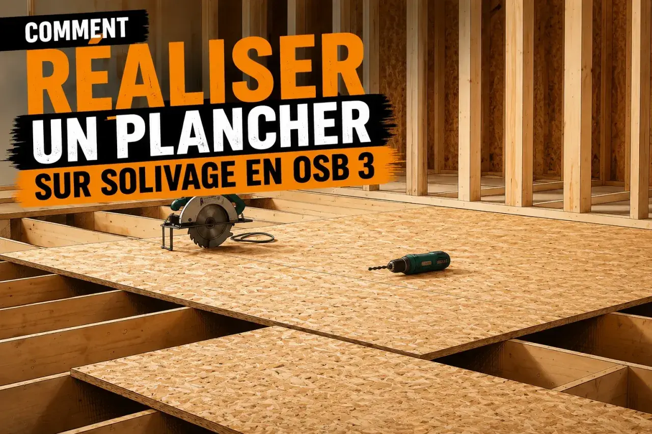 Comment réaliser un plancher sur solivage en OSB 3. Une scie circulaire et une perceuse sont posées sur le plancher en cours de pose.