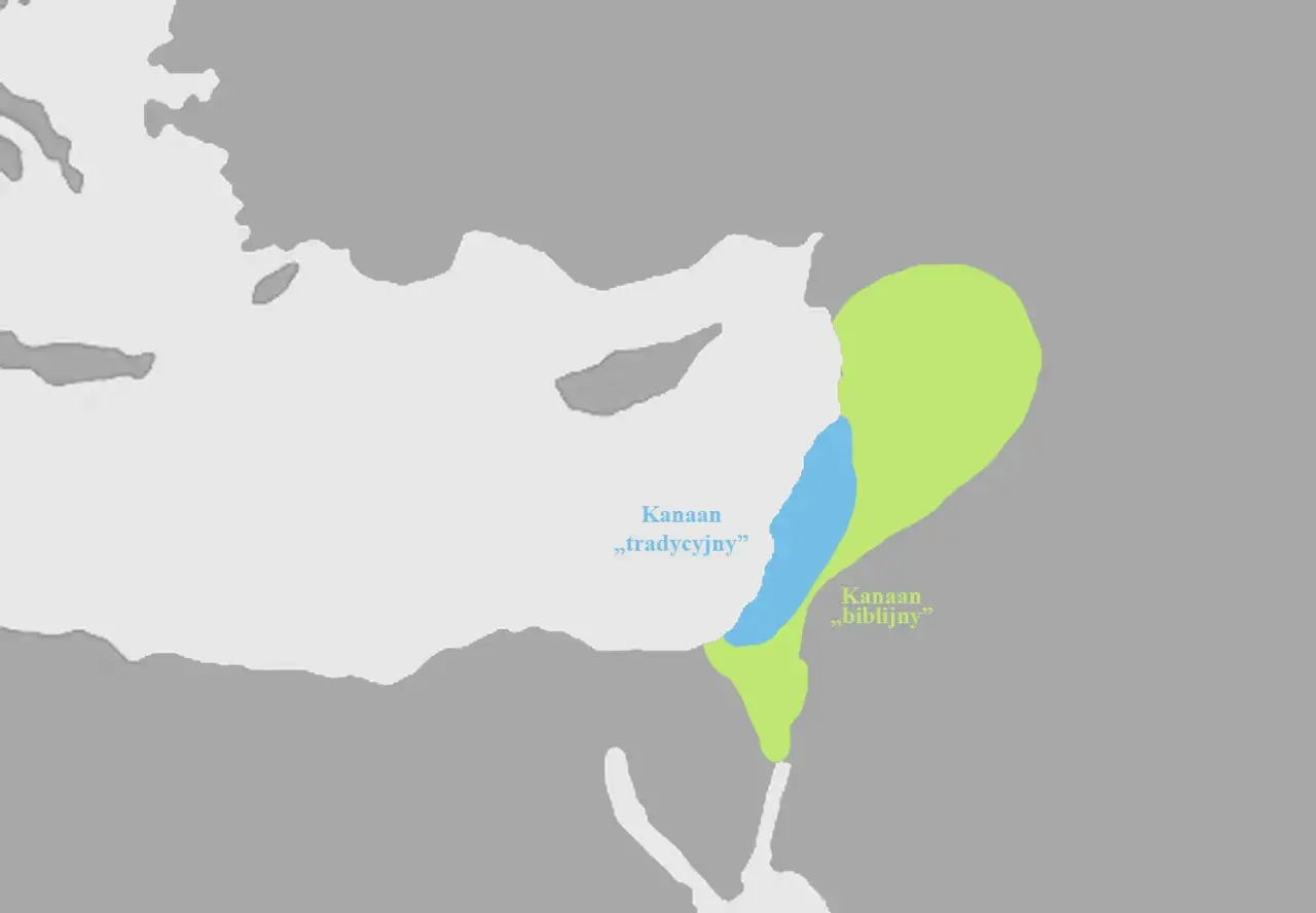 Mapa przedstawia obszar Kanaan, z zaznaczonym tradycyjnym i biblijnym Kanaanem.