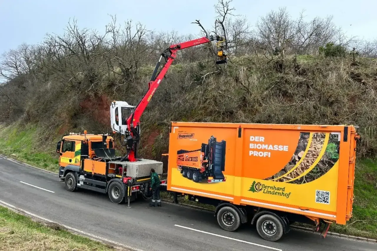 Ein orangefarbener LKW mit einem roten anbaukran schneidet Äste von einem Baum. Daneben steht ein Anhänger mit der Aufschrift "Der Biomasse Profi".
