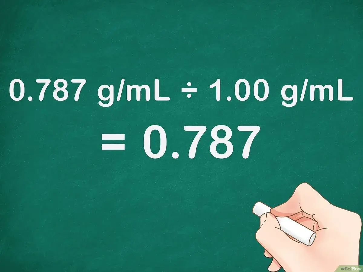 Cálculo de la gravedad específica del agua: 0.787 g/mL dividido por 1.00 g/mL es igual a 0.787.