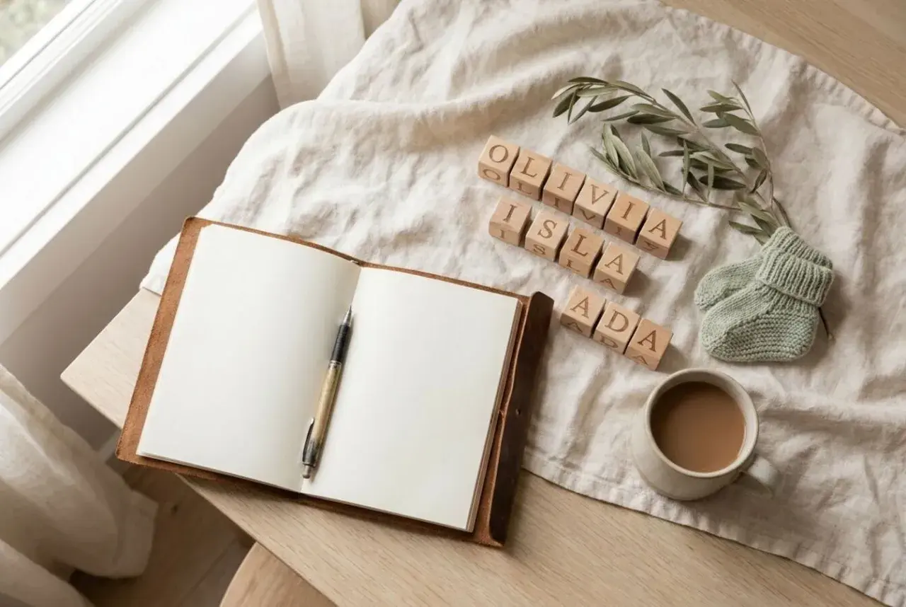 Blocchi di legno con nomi inglesi femminili rari: Olivia, Isla, Ada. Accanto, un quaderno aperto, una tazza di caffè e un paio di scarpine da neonato.