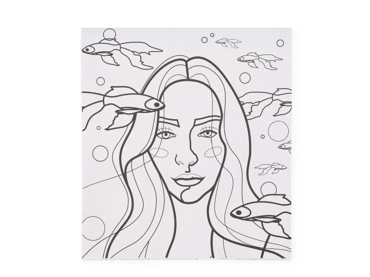Dibujo de una chica para colorear, rodeada de peces y burbujas.