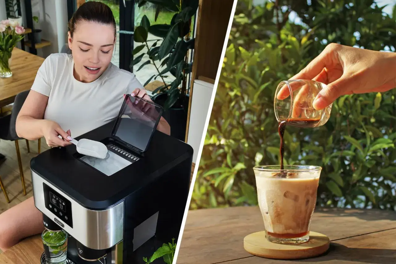 Kobieta nabiera lód z maszyny, by przygotować orzeźwiający iced latte.