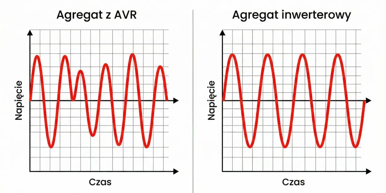 Wykresy porównujące agregat z AVR (niestabilne napięcie) i agregat inwerterowy (stabilne napięcie).