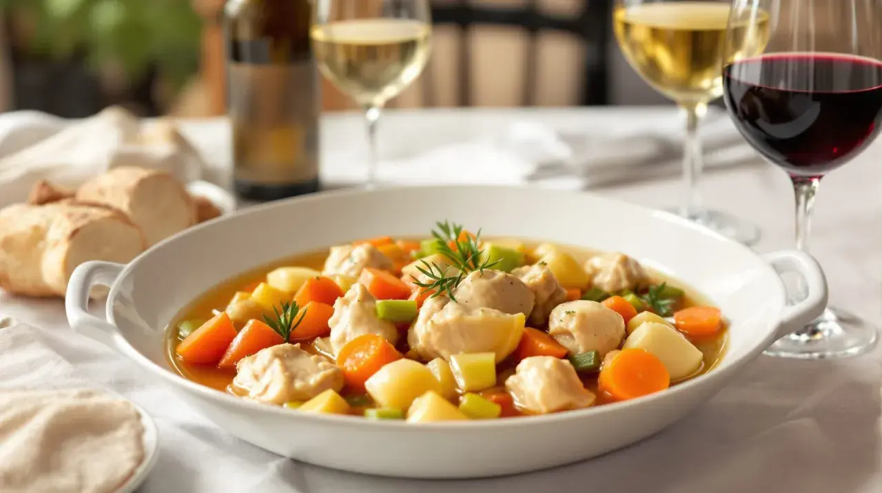 Un plat de poule au pot réconfortant, garni de carottes et de pommes de terre, accompagné de vin blanc et rouge.