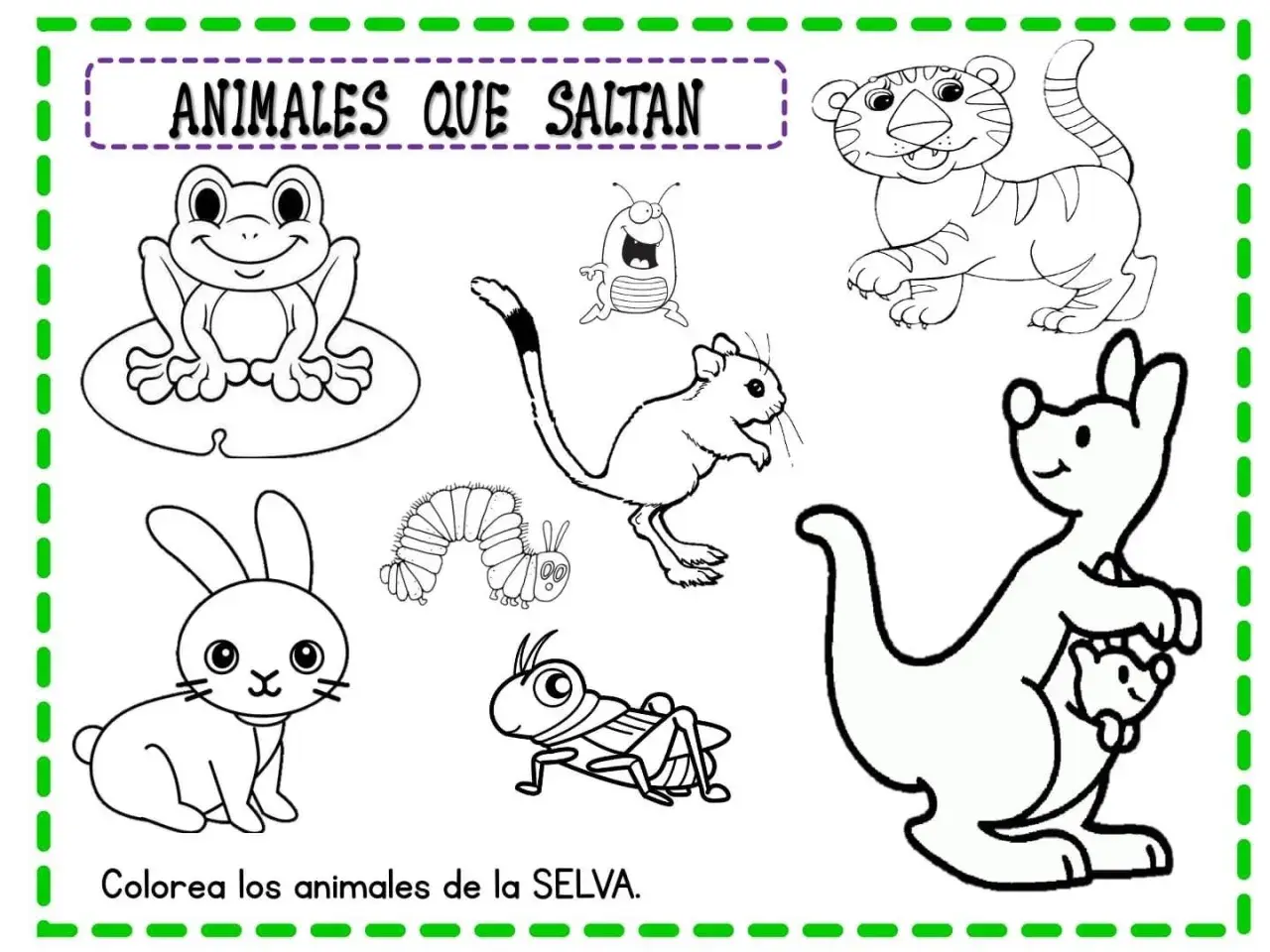 Fichas de animales para imprimir: un tigre, un canguro con cría, un conejo, una rana, un ratón, una oruga y un saltamontes. ¡A colorear!