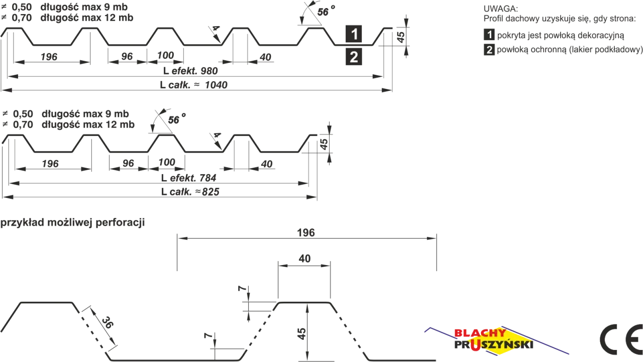 Rysunki techniczne blachy trapezowej z wymiarami: L efekt. 980, L całk. ≈ 1040 i L efekt. 784, L całk. ≈ 825.