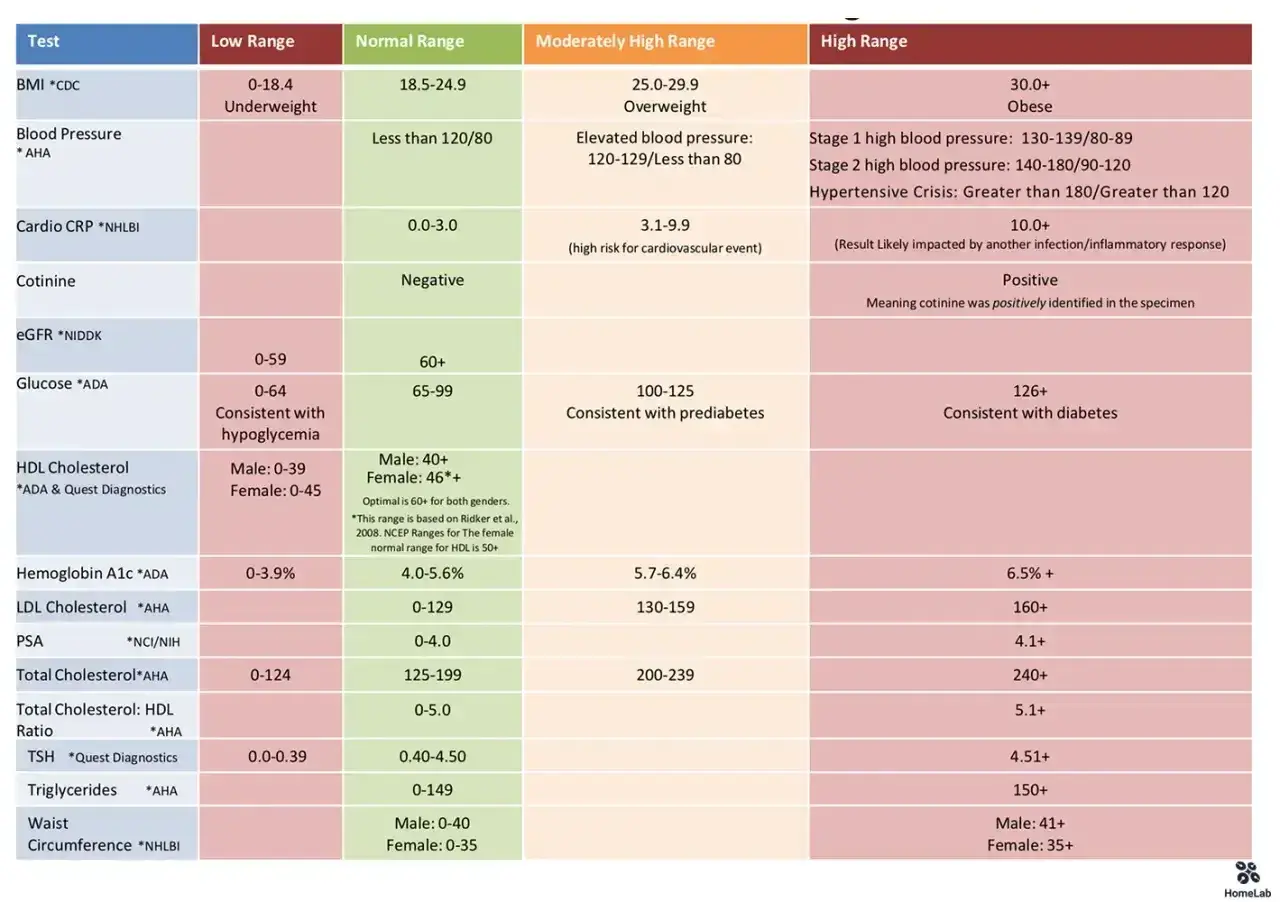 Tabela wyników badań: trójglicerydy norma 0-149. Inne parametry to BMI, ciśnienie, glukoza, cholesterol.