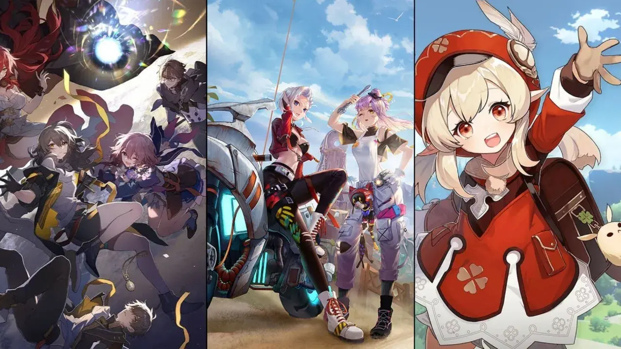 Trzy panele z postaciami z Genshin Impact, idealne do gry na Xbox.