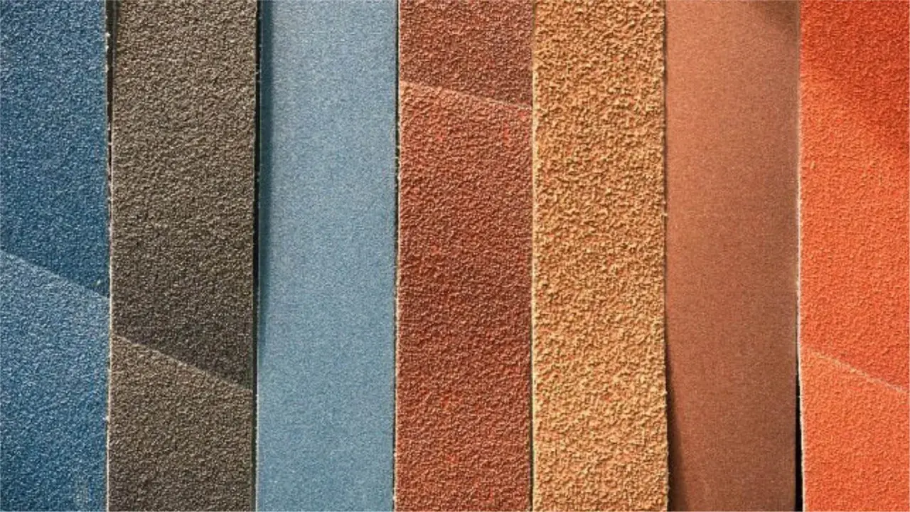 Bandes de grain papier à poncer de différentes couleurs et textures, prêtes pour le ponçage.