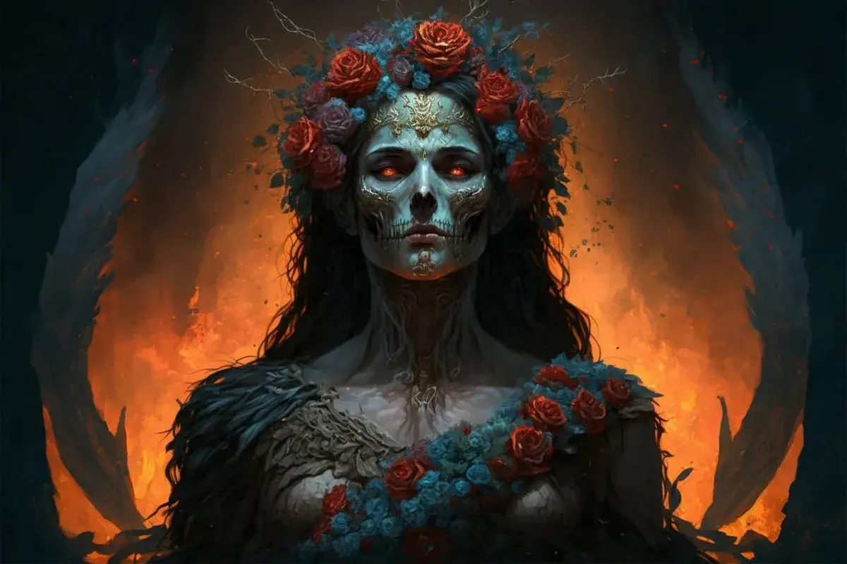 Visage de mort, couronné de roses, aux yeux ardents. L'image évoque la perséphone signification, reine des enfers et du renouveau.