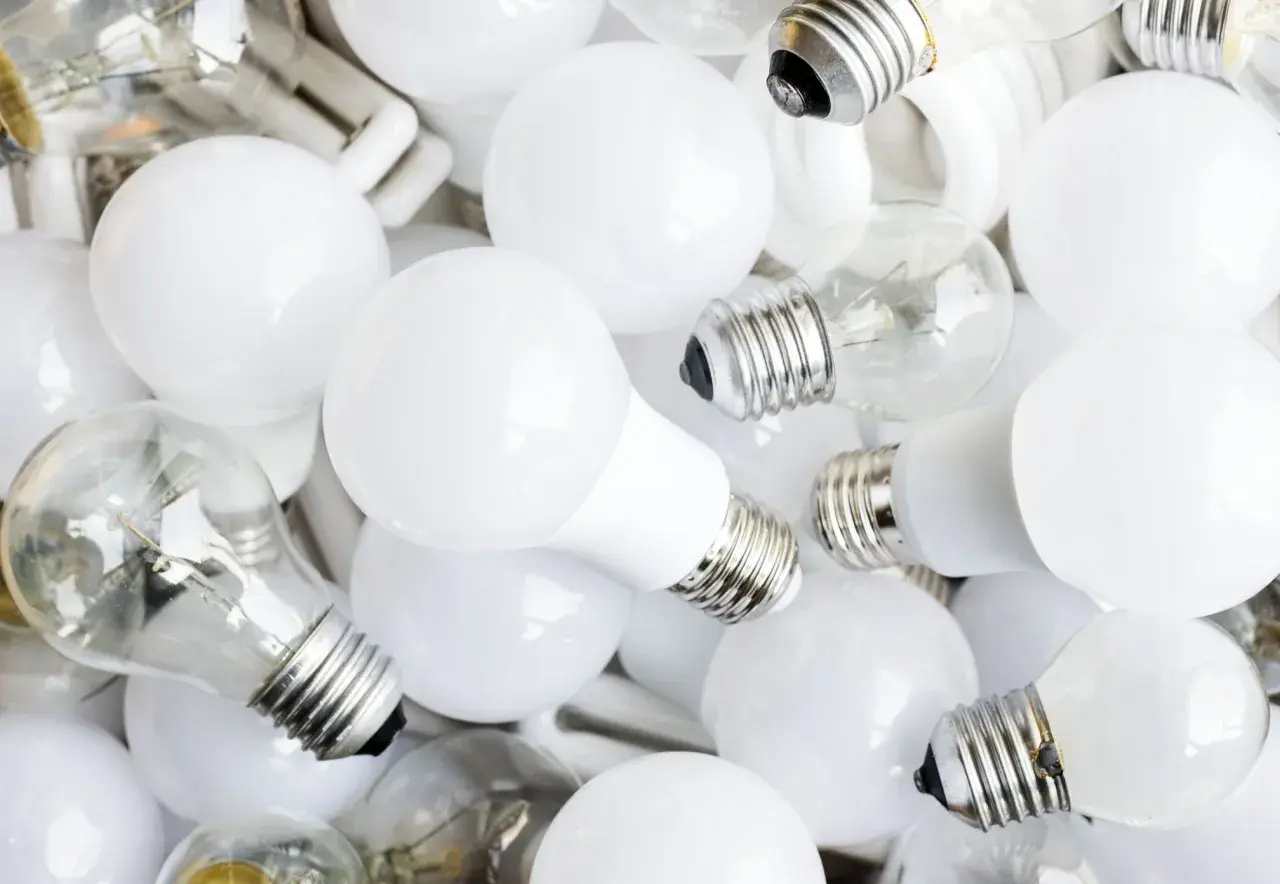 Montón de bombillas, algunas transparentes y otras blancas. Aprende como saber si una bombilla es led observando su diseño.