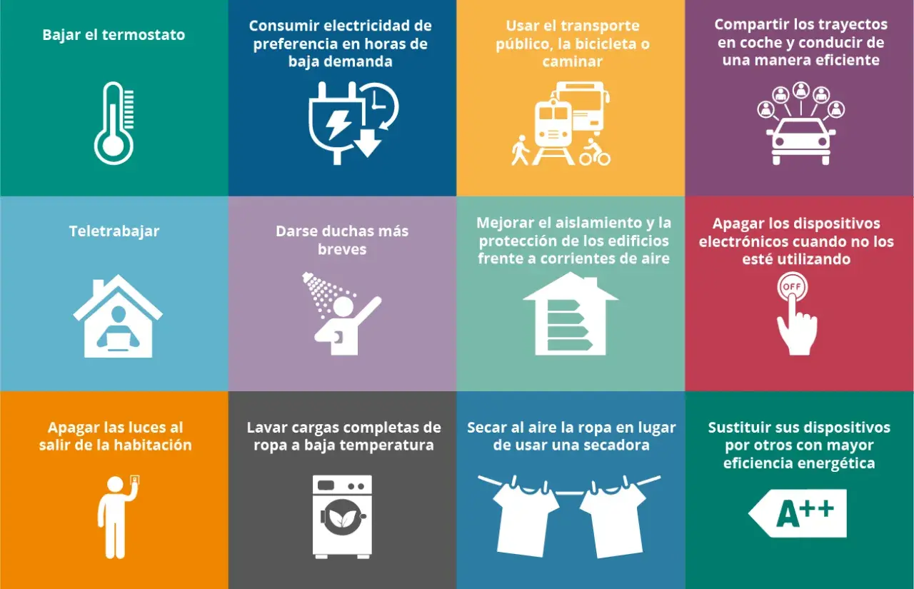 Iconos de actividades para hacer en casa: bajar termostato, teletrabajar, duchas cortas, apagar luces, usar transporte público, aislar casa, compartir coche, lavar ropa fría, secar al aire, apagar electrónicos, cambiar electrodomésticos.