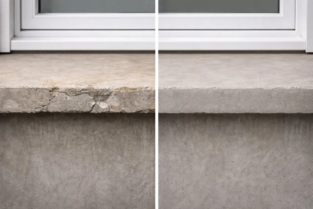 Antes y después de pintar alfeizar ventana. El lado izquierdo muestra el alfeizar deteriorado, el derecho, reparado y liso.