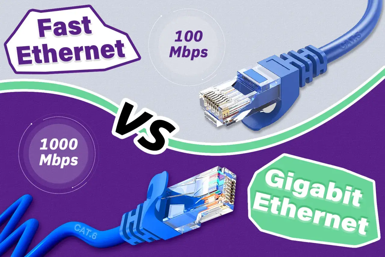 Vergleich von Fast Ethernet (100 Mbps) und Gigabit Ethernet (1000 Mbps) mit Netzwerkkabeln.