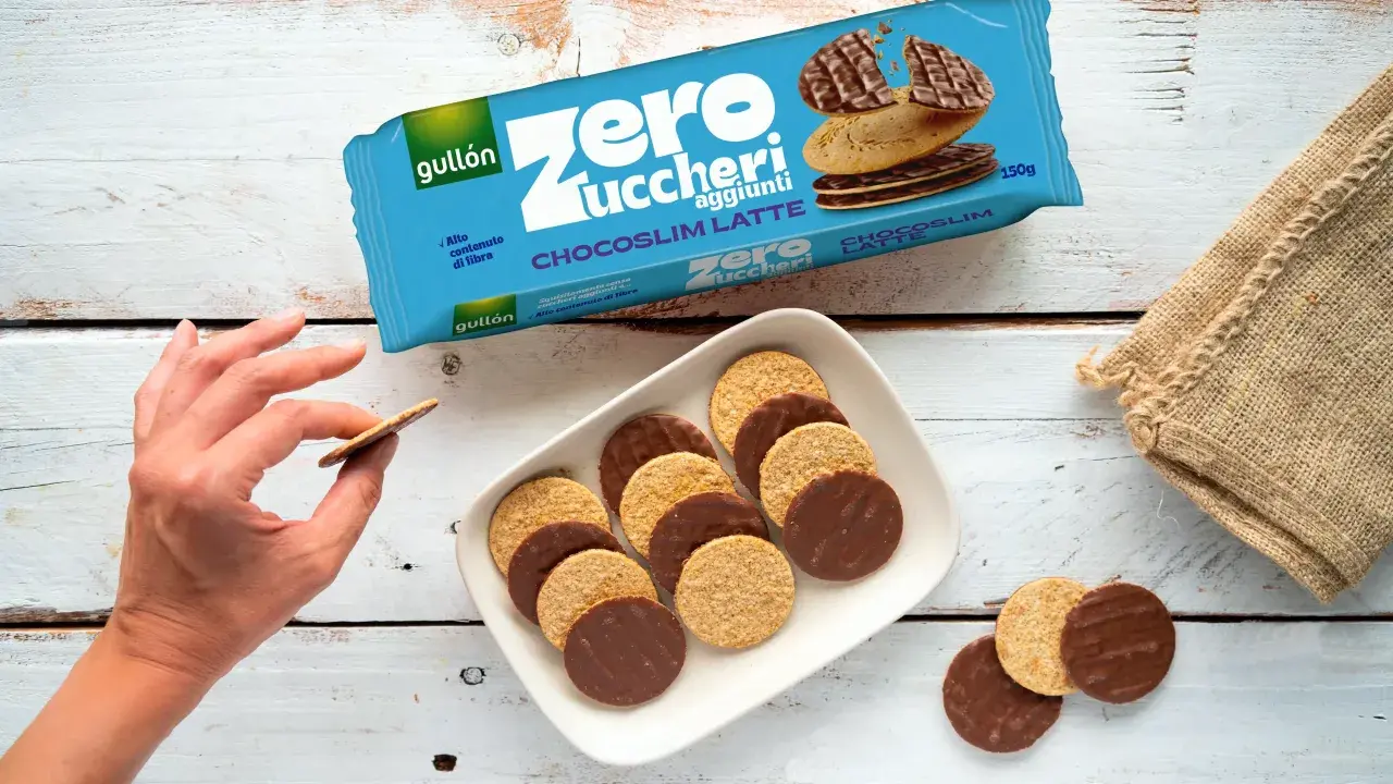 Biscotti senza zucchero Gullón Chocoslim Latte, alcuni ricoperti di cioccolato, su un piatto bianco. Una mano ne prende uno.