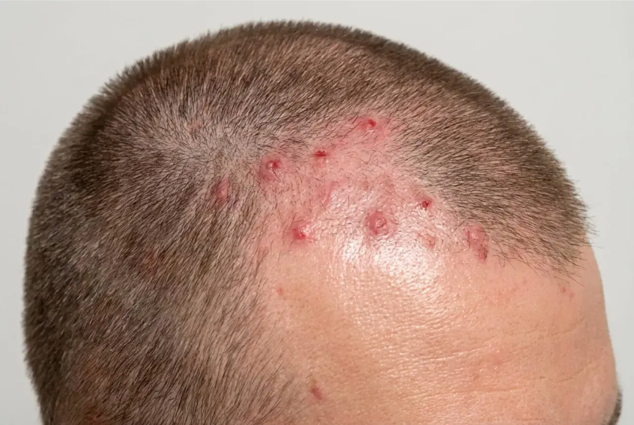 Närbild på en mans huvud med utslag och rodnad som kan tyda på rosacea i hårbotten.