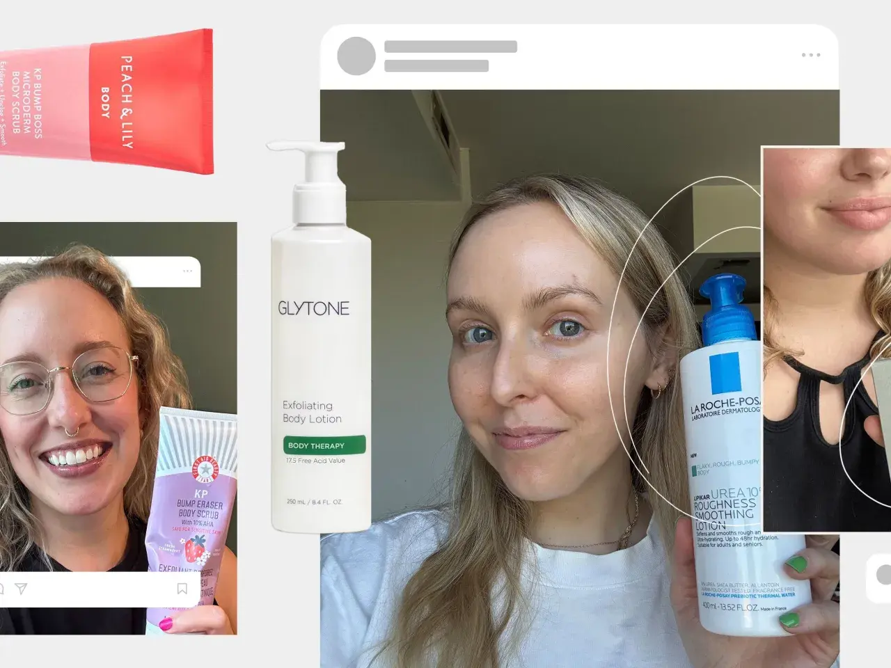 Kvinna visar hudvårdsprodukter för keratosis pilaris ansikte. Glytone, La Roche-Posay och First Aid Beauty.