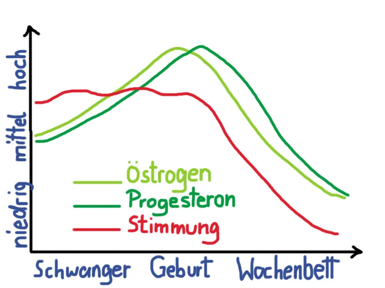 Grafik zeigt Hormonkurven (Östrogen, Progesteron) und Stimmung während Schwangerschaft, Geburt und Wochenbett. Niedrige Stimmung korreliert mit sinkenden Hormonen, was den "Schwangerschaftsblues" erklären kann.