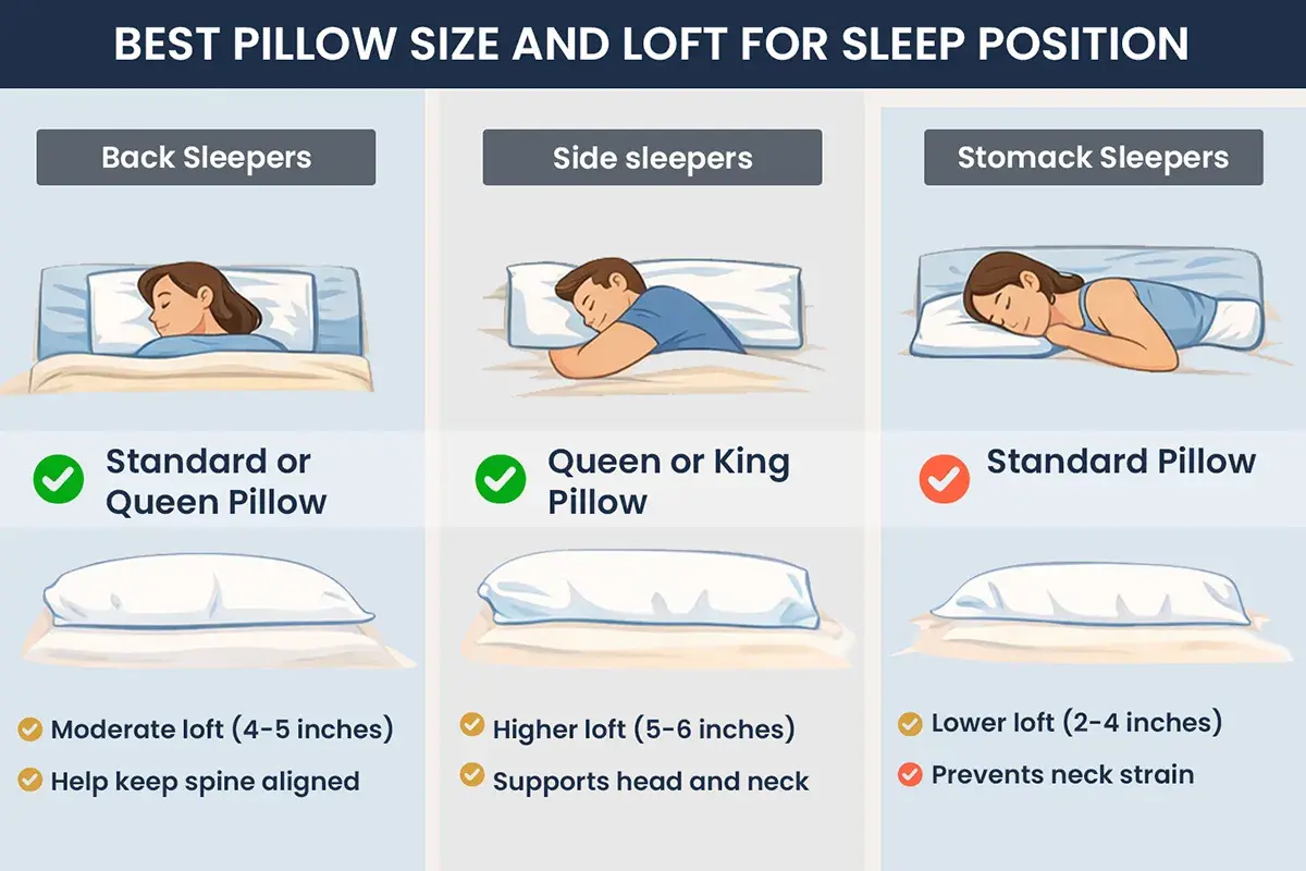 Guide to best pillow types for back, side, and stomach sleepers, detailing size and loft recommendations for optimal sleep.