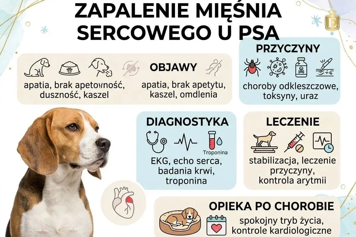 Grafika o zapaleniu mięśnia sercowego u psa. Widzimy beagla, objawy, przyczyny, diagnostykę, leczenie i opiekę po chorobie. To ważne, gdzie pies ma serce.