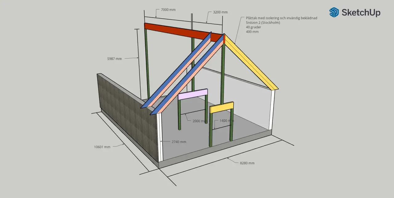 3D-modell av takkonstruktion med mått. Visar byggbeskrivningar dimensionering för ett plåttak med isolering och invändig beklädnad.