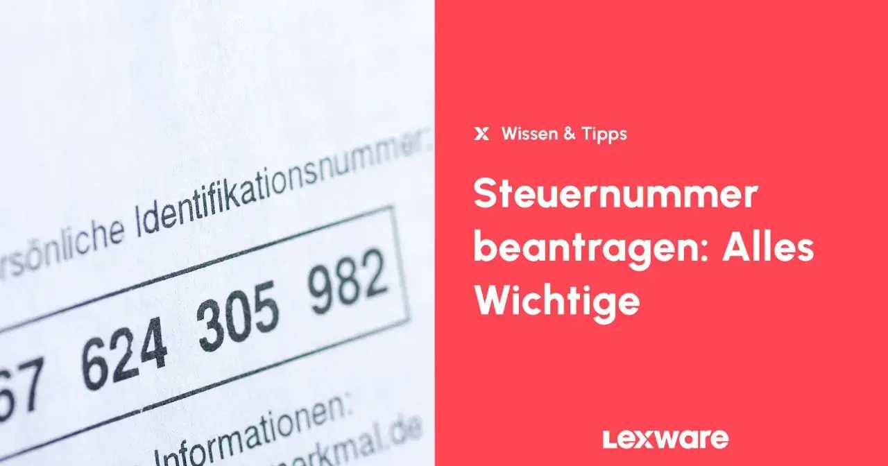 Steueridentifikationsnummer auf einem Formular. Rechts: "Steuernummer beantragen: Alles Wichtige" und Lexware-Logo. Wichtig für Kleingewerbe.