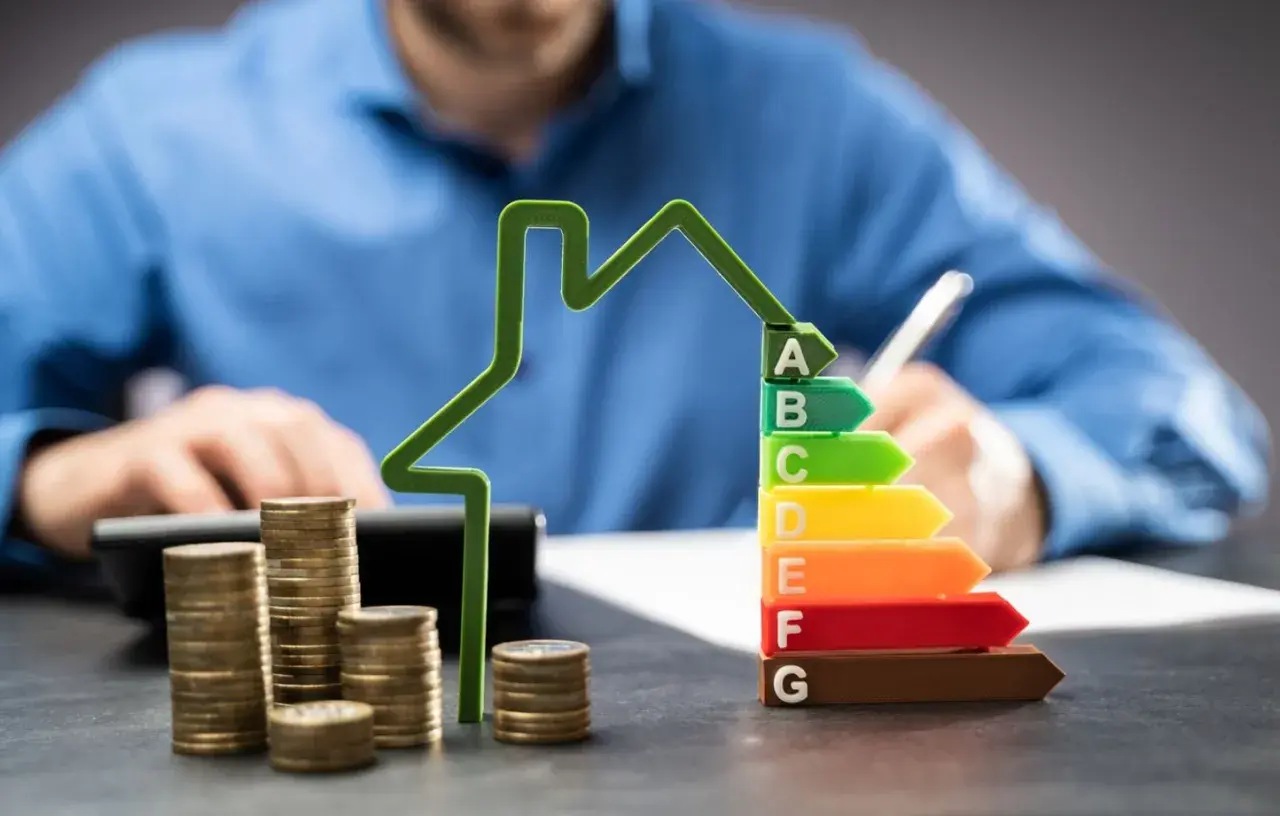 Calcul des conditions pour un prêt avance rénovation. Une maison verte, des pièces et un classement énergétique.