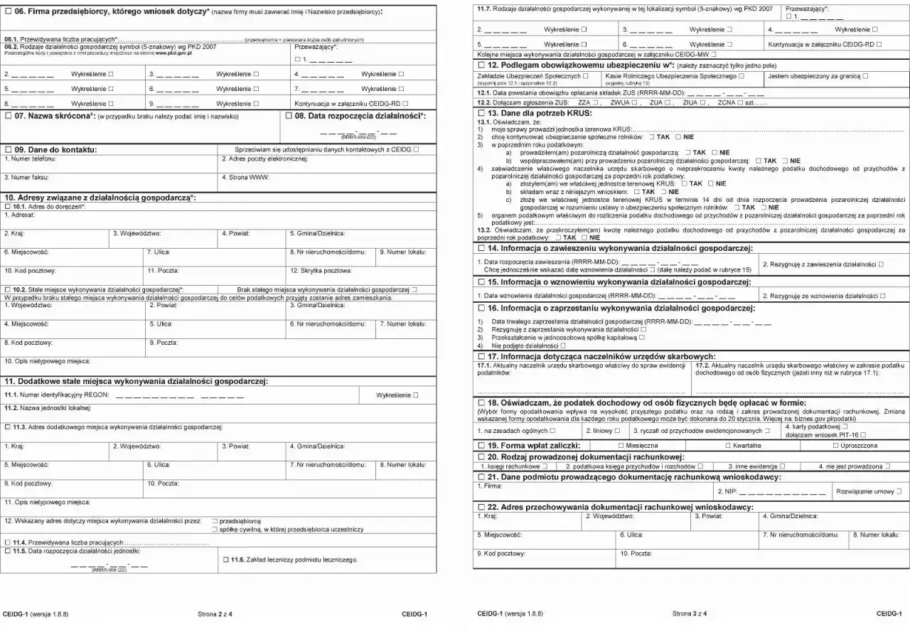 Formularz CEIDG-1 do rejestracji jednoosobowej działalności gospodarczej.